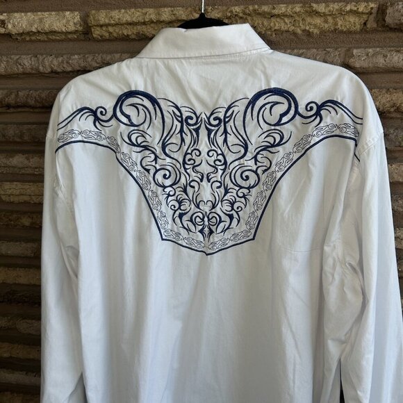 Ace of Diamonds Men's White & Blue Embroidered Western Pearl Snap Shirt Size 2X - Picture 7 of 13